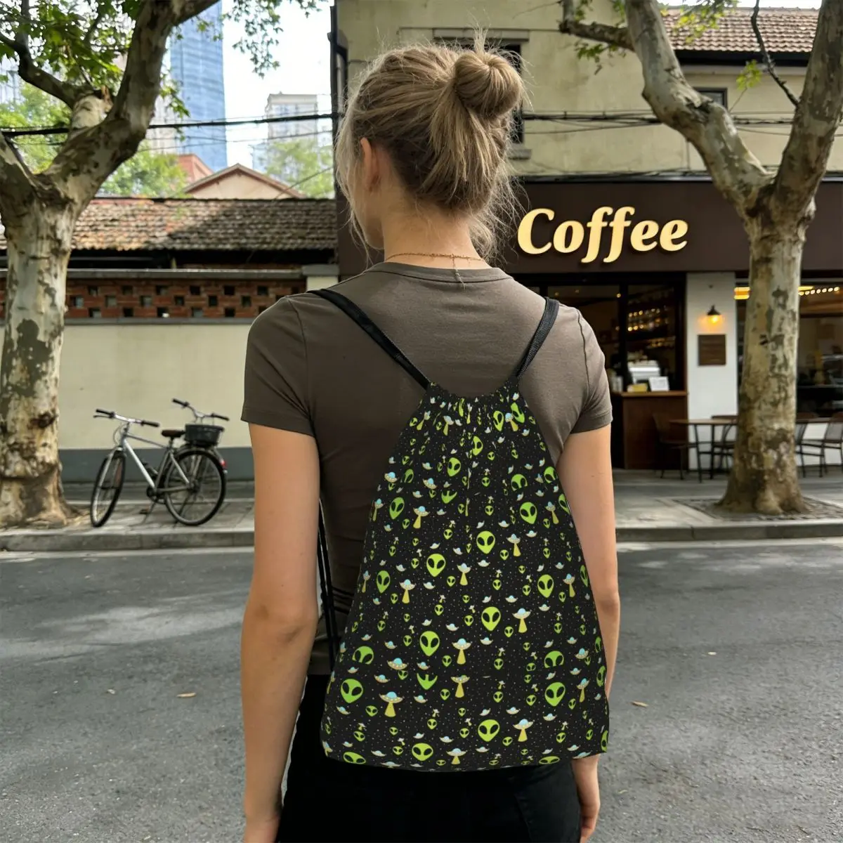 Green Alien Spaceship Pattern Backpacks Multi-function Drawstring Bags Shoes Bag Book Bags for Man Woman Students