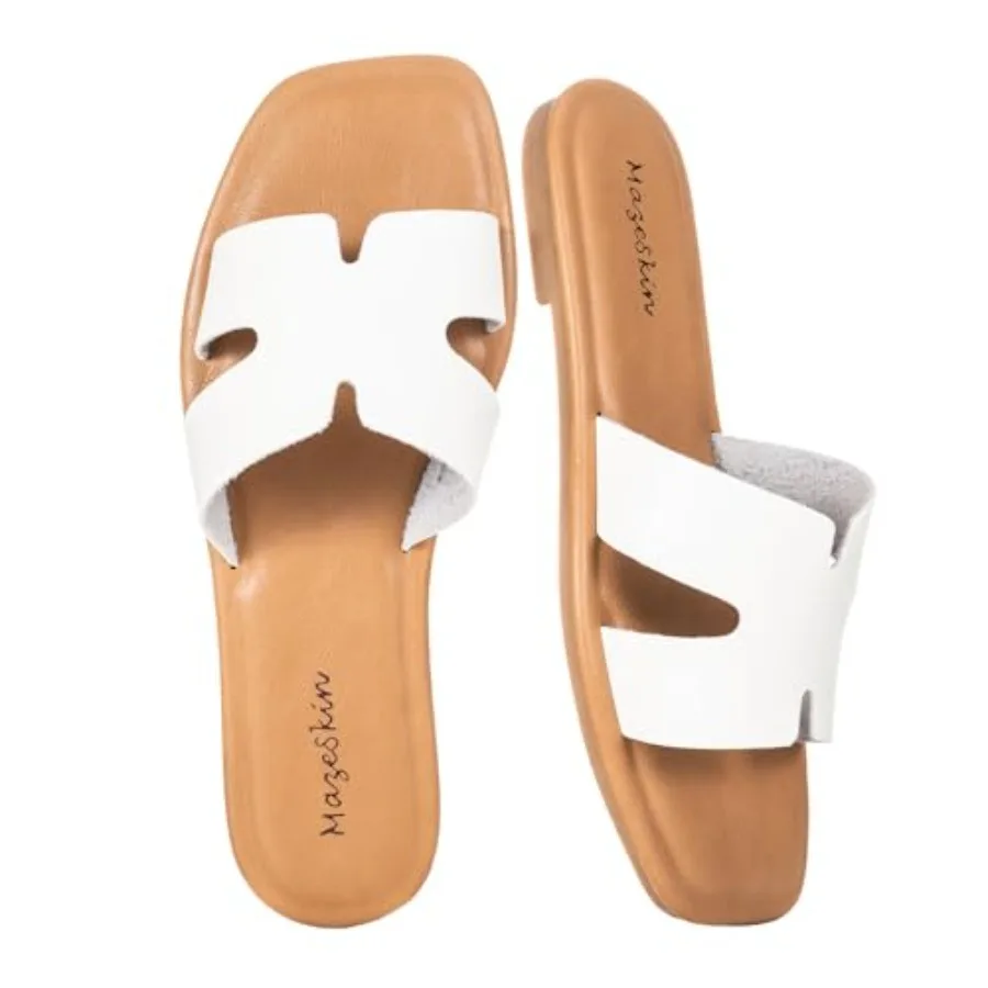 

mazeskin Women's Memory Foam Comfortable Vegan Leather H-Band Flat Slide Sandals Casual Summer Dressy Cutout Slip-on Shoes