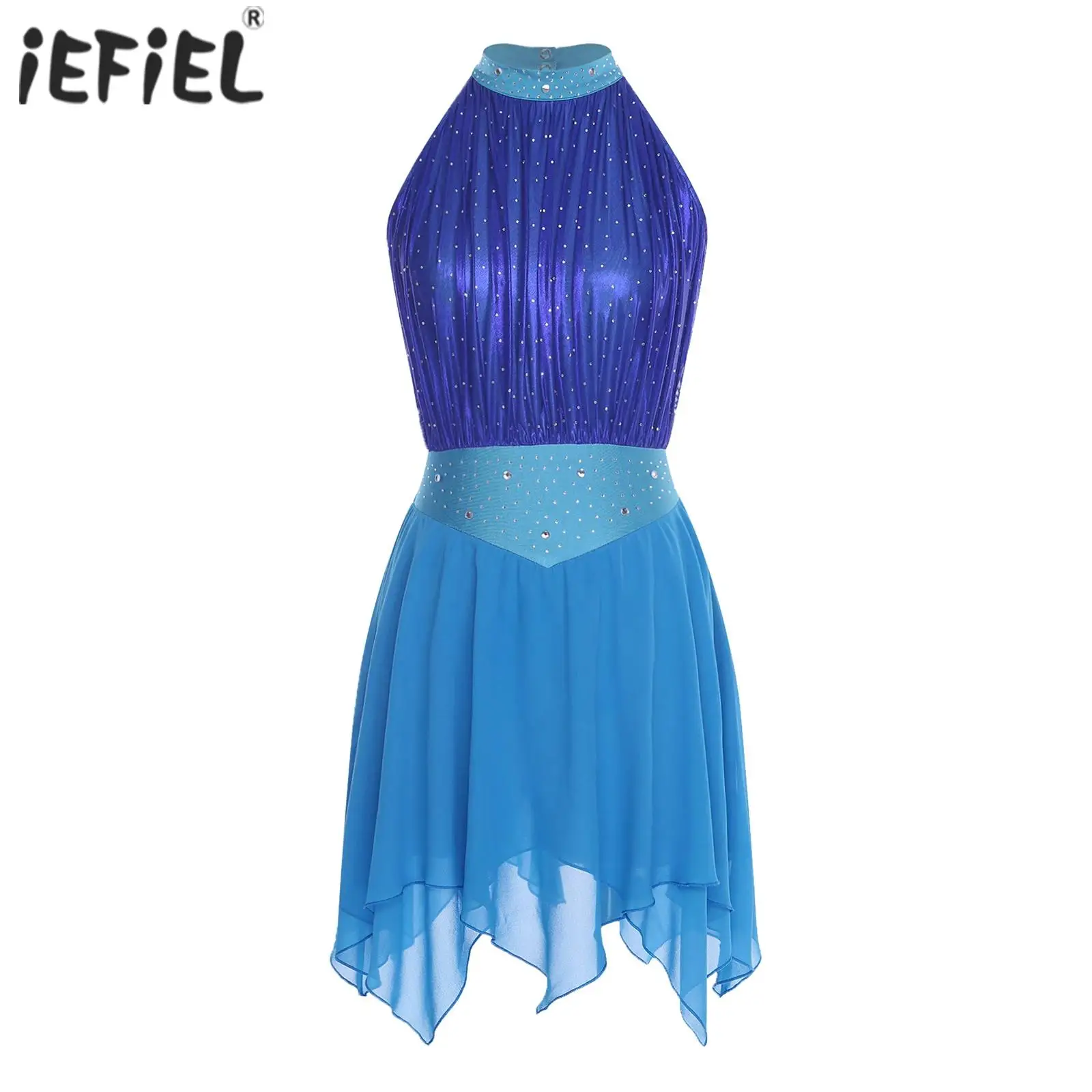 فستان رقص غنائي نسائي مكشكش معدني من حجر الراين لأداء الباليه ومنافسة التزلج على الجليد #1