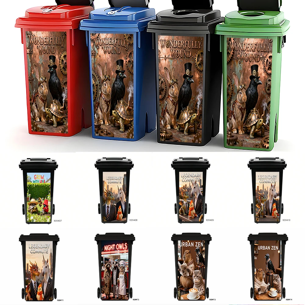 

Woodland Friends Animal Family Trash Can Sticker, Cute Fox Raccoon Badger Design Waterproof Outdoor Bin Decal