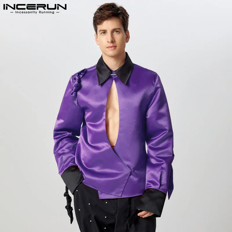 Handsome Well Fitting Tops INCERUN Men Floral Decoration Hollow Shirts Stylish Clubwear Male Patchwork Lapel Long Sleeved Blouse