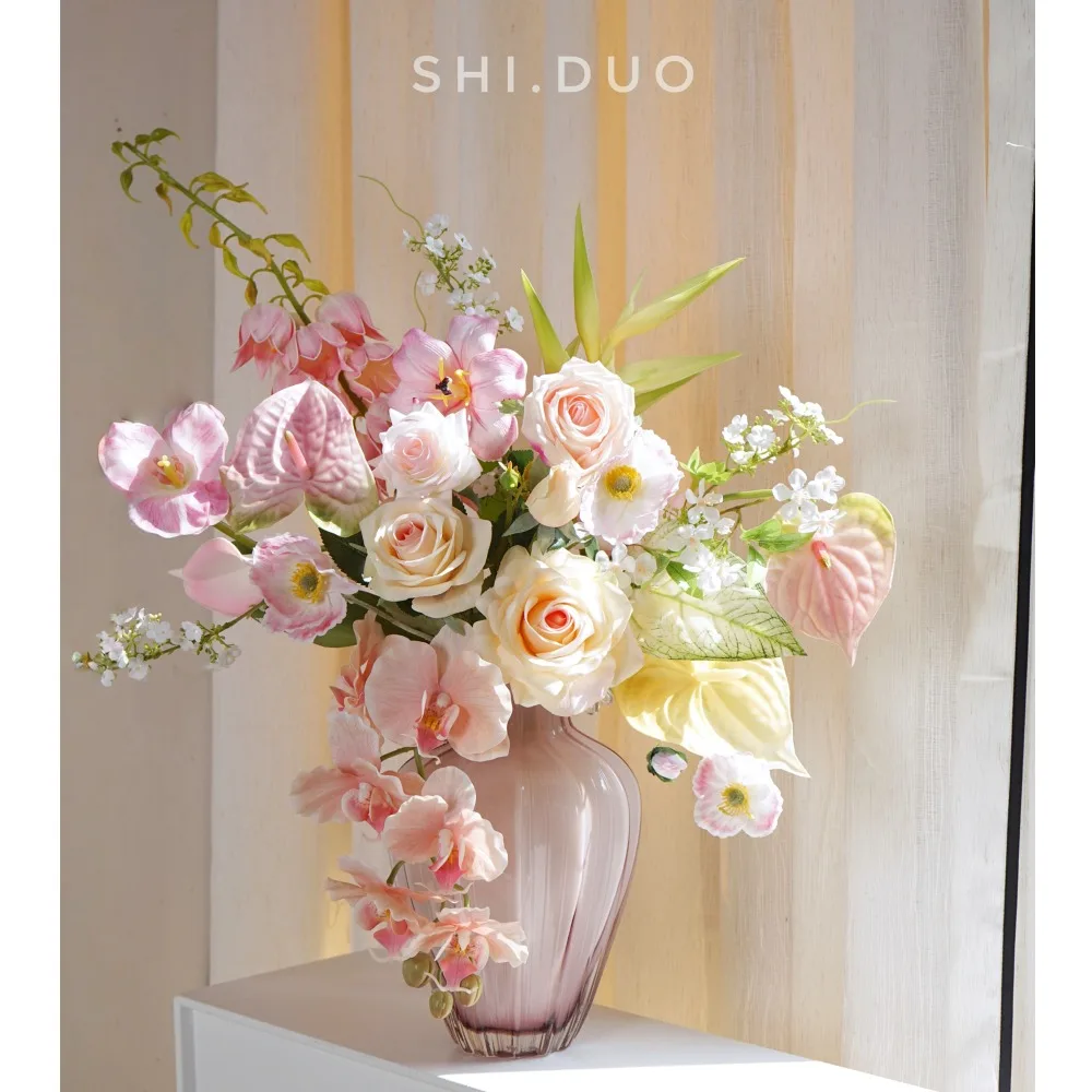 Light luxury high-texture champagne pink simulated flower moisturizing Phalaenopsis flower arrangement table floral front desk