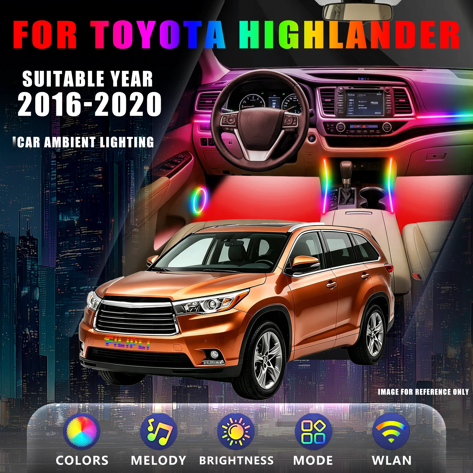 FOR TOYOTA Highlander 2016-2020 YEAR DREAM COLOR 6 Lights car ambient light kit driving surround flow trace door gradient wake up fiber optic light strip app custom color scheme interior accessory