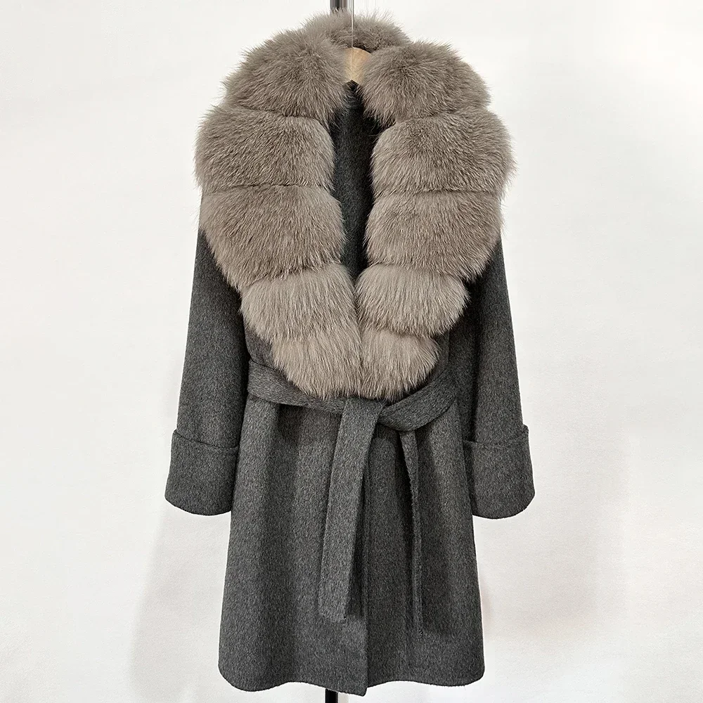 Cappotto di pelliccia di procione naturale con collo in vera pelliccia di volpe da donna 2025 Giacca in misto lana Autunno Inverno Cappotto di lana con cintura monopetto
