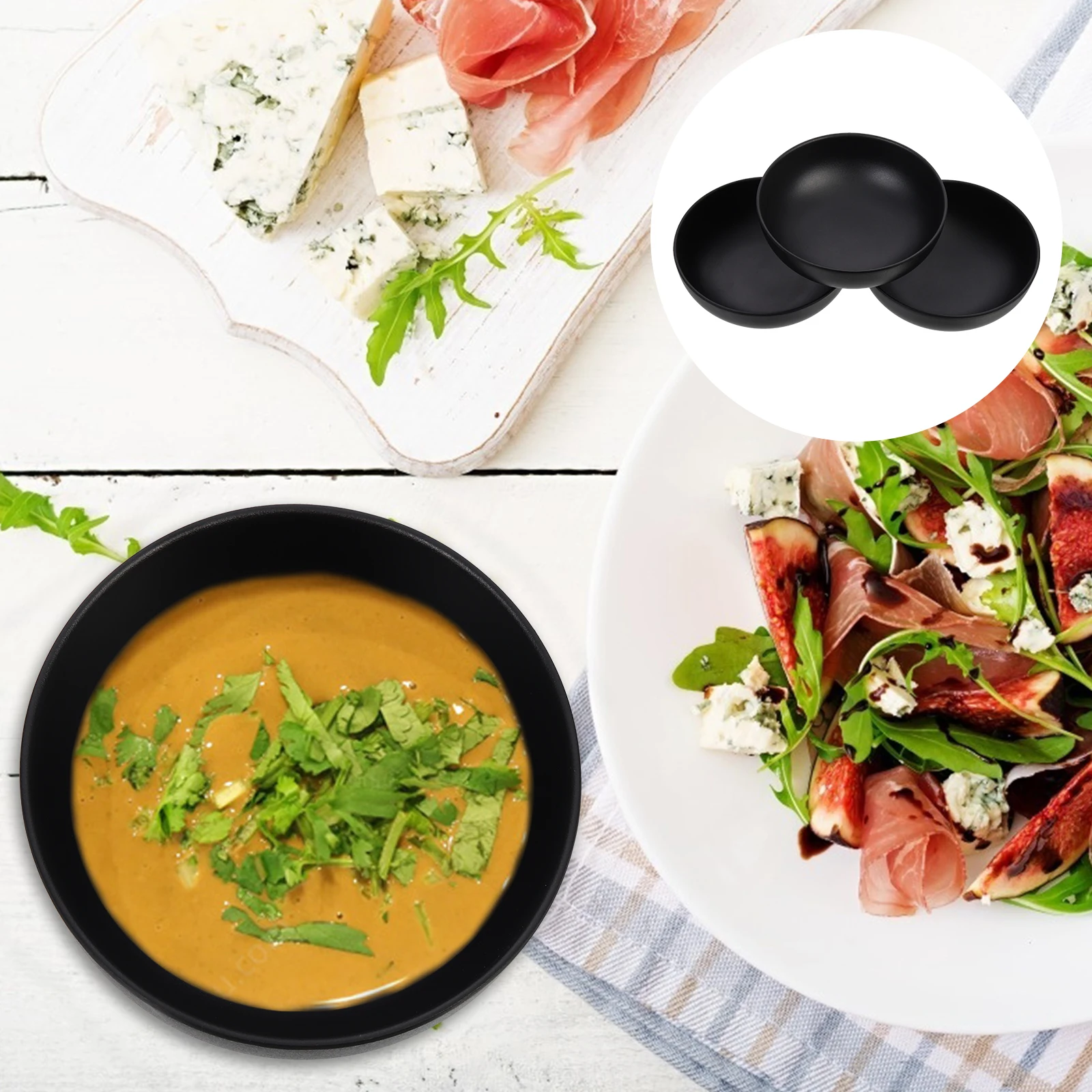 

3pcs Black Frosted Small Bowls Rice Sauce Storage Vinegar Melamine Kitchen Dip Appetizer Dishes Set Practical Health Food Grade