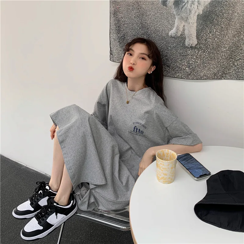 Fashionable Loose Women's Dress Korean Round Neck Simple Slit Over-knee Letters T-shirt Skirt Lazy Style Summer Long Dress 2025