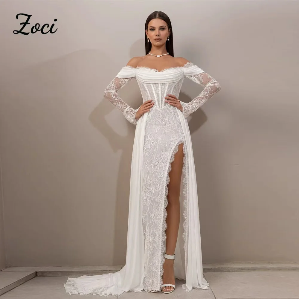 조시 빈티지 레이스 비치 웨딩드레스 롱 A라인 하이 슬릿 신부 드레스 베스티도스 데 노비아 보다 코르셋 브라이덜 가운 맞춤 제작