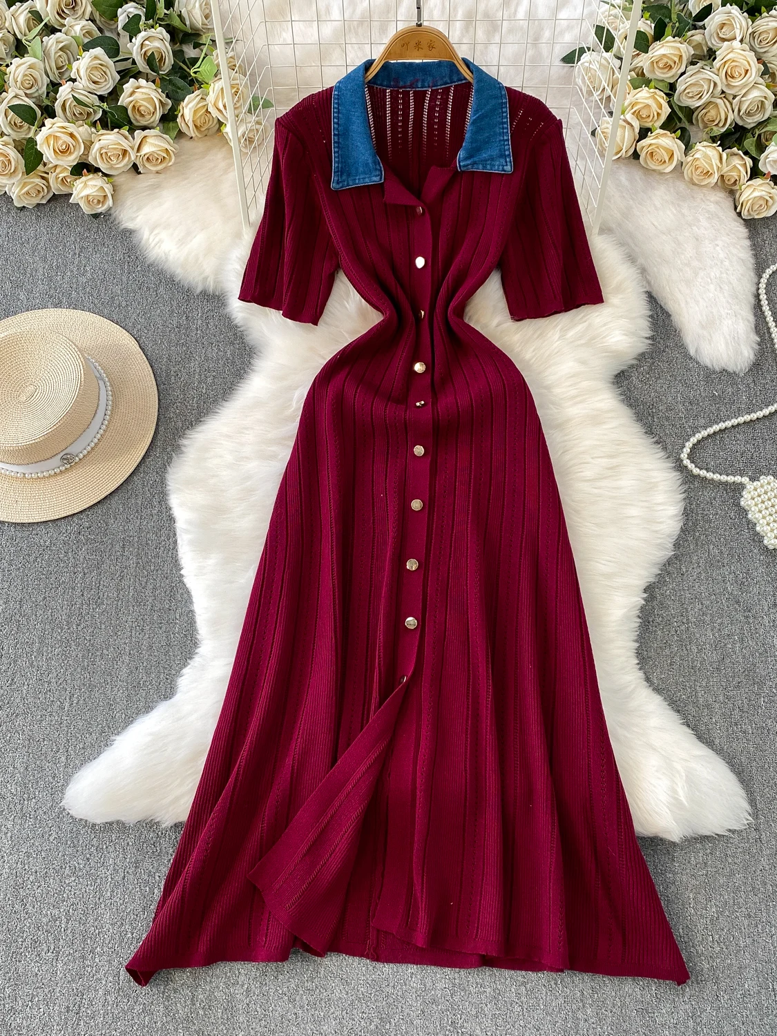 

Весенне-осенняя корейская джинсовая юбка-платье с высокой талией, на пуговицах, с пэчворком, длинная, женская, новая, вязаная, с завязками на талии