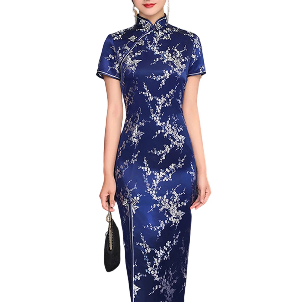 Womens Chinese Cheongsam Dress with Classic Long Fork and Plum Blossom Pattern Ideal for Casual Outings and Parties