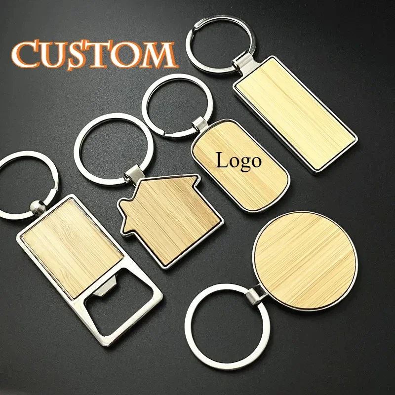 Customizable Logo Bamboo Key Rings Wooden House Beer Bottle Opener Keychains Bags Hanging Decoration Souvenirs Gifts Wholesale