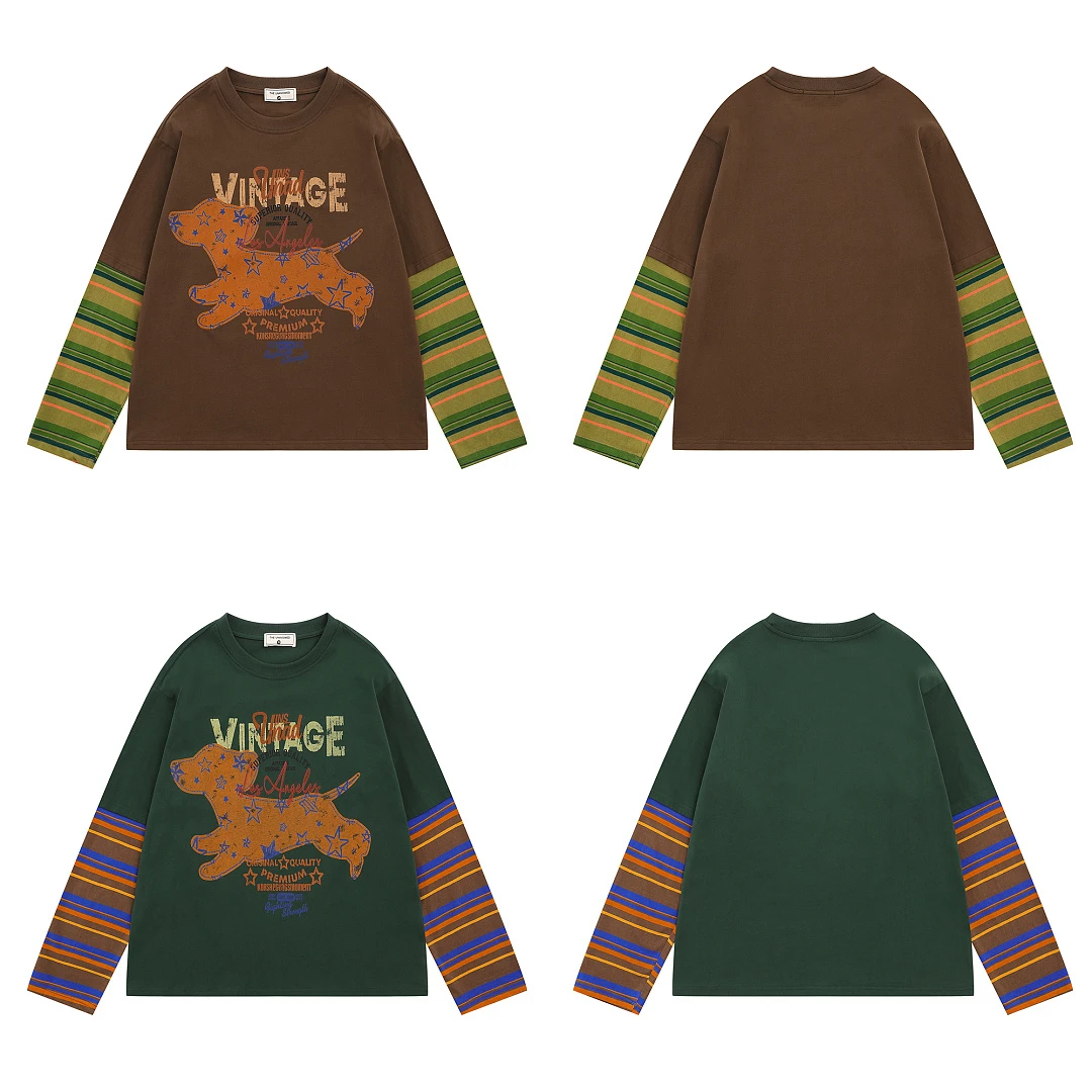 Layering Style Fake Two Piece Long Sleeve T Shirt Unisex Retro Dog Letter Graphic Striped Sleeve Loose Fit Casual Daily Shirt