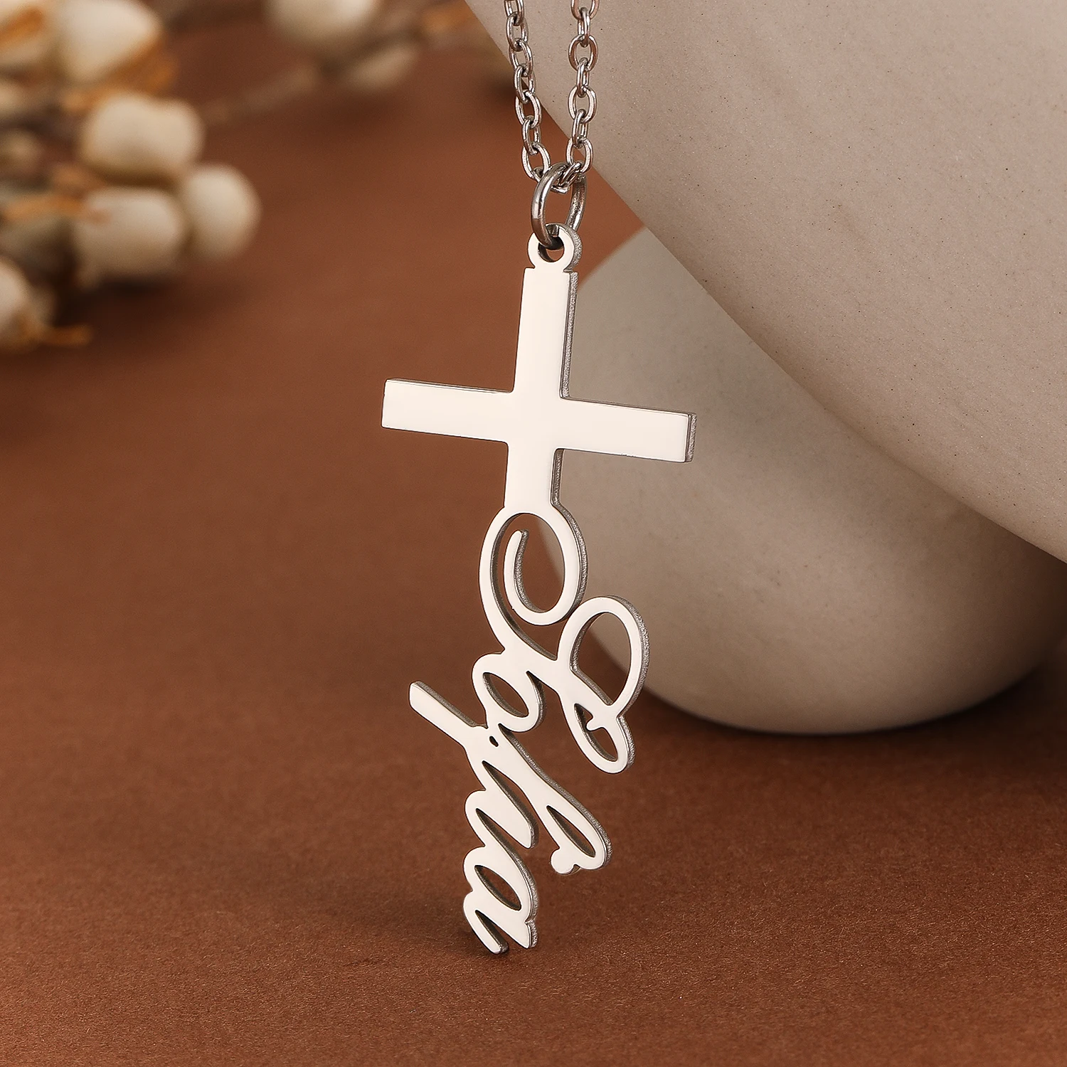 QIAMNI Dainty Cross Stainless Steel Capital Letters Name Pendant Necklace Faith Religion Chain Choker for Women Men Jewelry