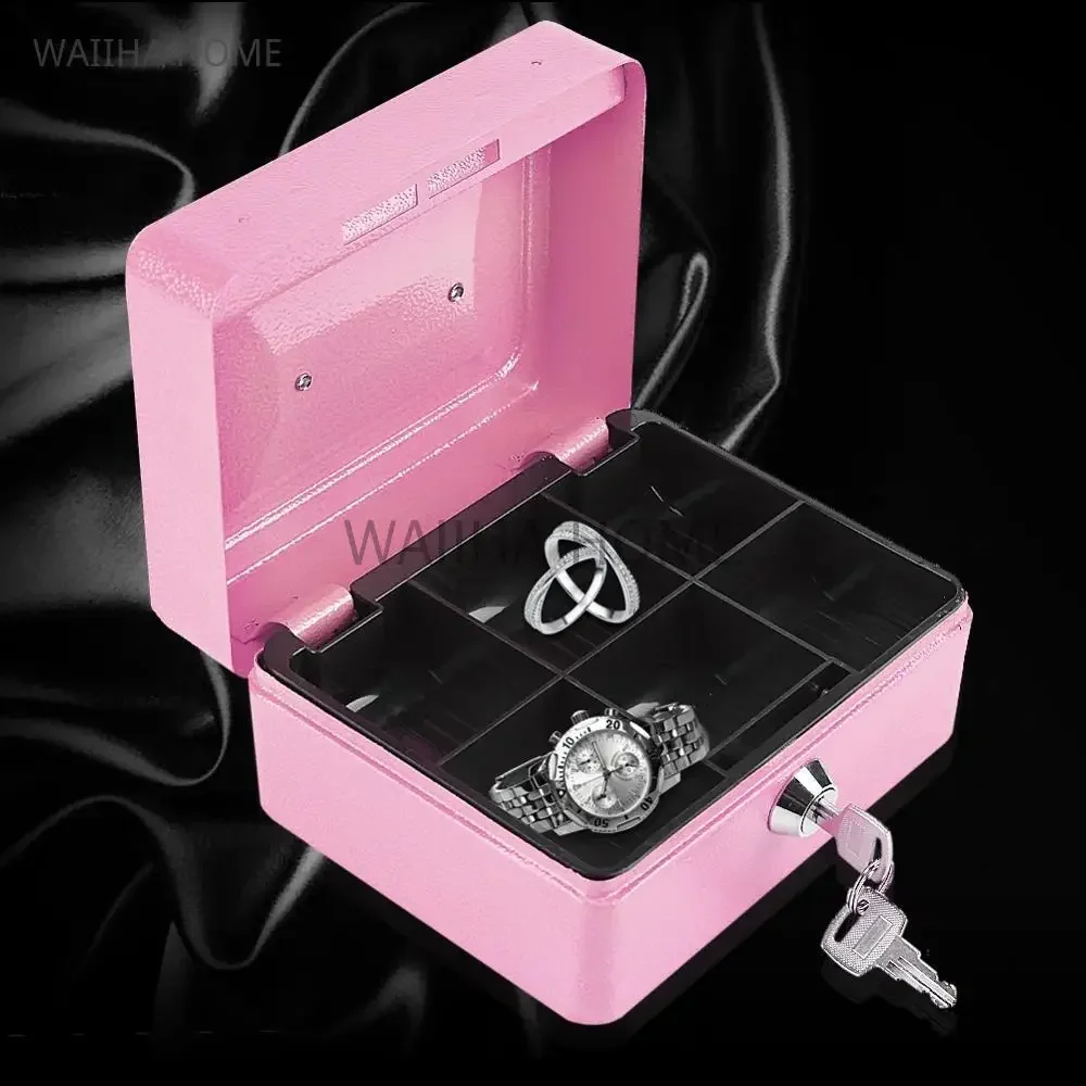 Mini Style Pink Portable Steel Lockable Cash Money Safe Security Box Money Cash Coin Register Insert Tray Cashier Drawer Storage
