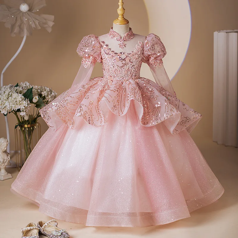 Abito da ballo personalizzato Abiti da ragazza di fiore per bambini Abiti da principessa rosa per bambini Abiti da festa di compleanno formali