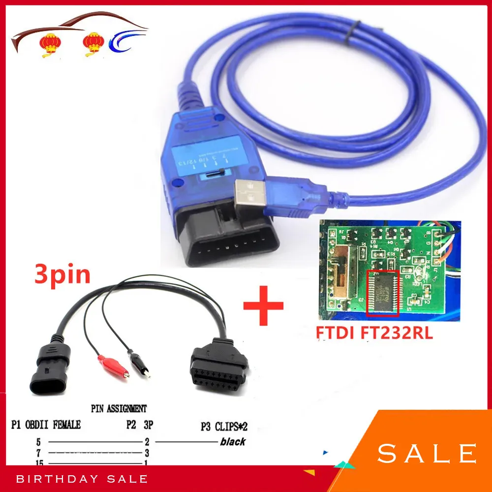 3pin To 16pin Diagnostic Tool 12v Adapter Obd2 Cable Plug Connector and VAG USB Cable with FTDI Chip Vag USB OBD2 Scanner