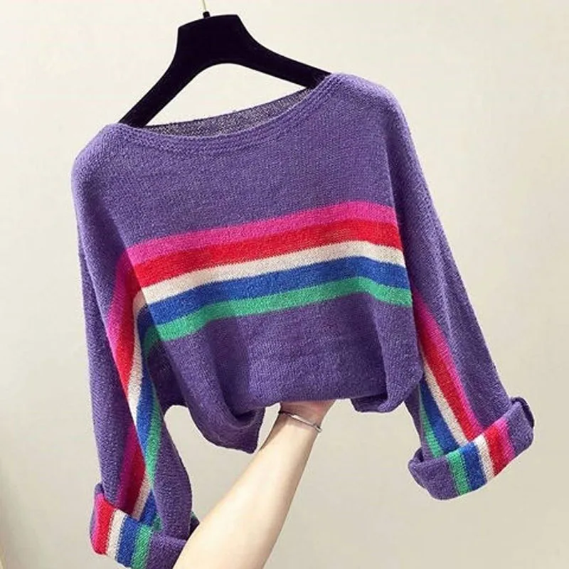 Female Fashion Loose Color Striped Knitted Pullovers Autumn Winter Women\'s Clothing Korean All-match Long Sleeve Thin Sweaters