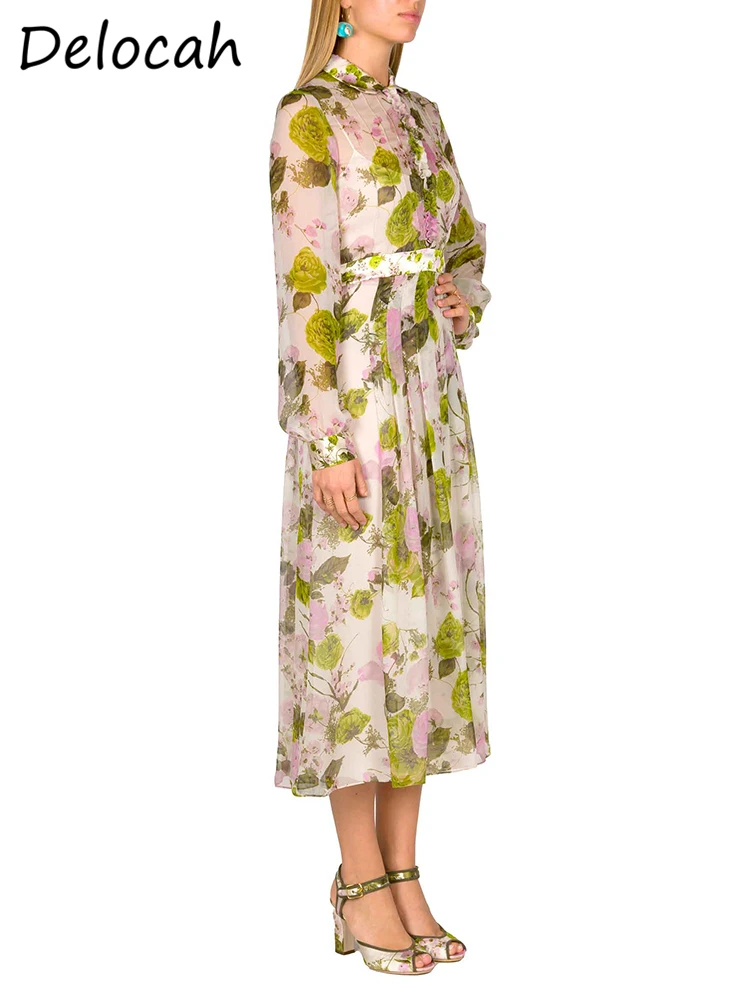 Delocah-Vestido largo de primavera para mujer, vestido drapeado de manga larga con cinturón, estampado Floral