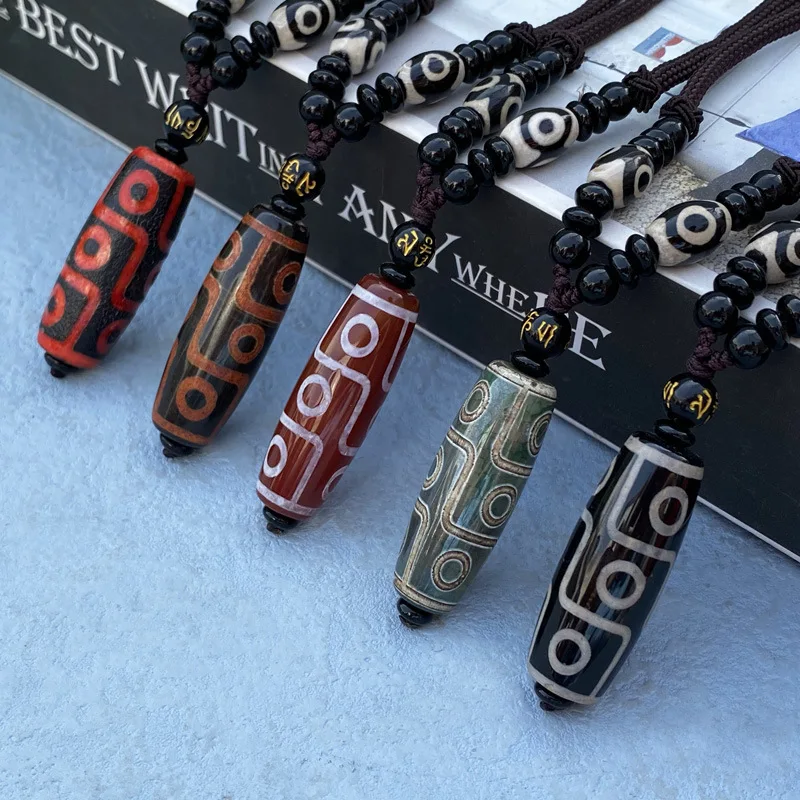 Nine-Eye Dzi Bead Agate Pendant Necklace with Six-Syllable Mantra, Unisex Style