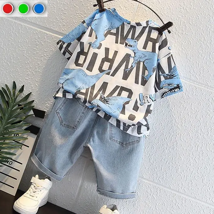 

Fashion Summer Boys Outdoor Clothes for Children Short Sleeve Cartoon Dinosaur T-shirt + Denim Shorts 2PCS Kids Loungewear 2-11Y