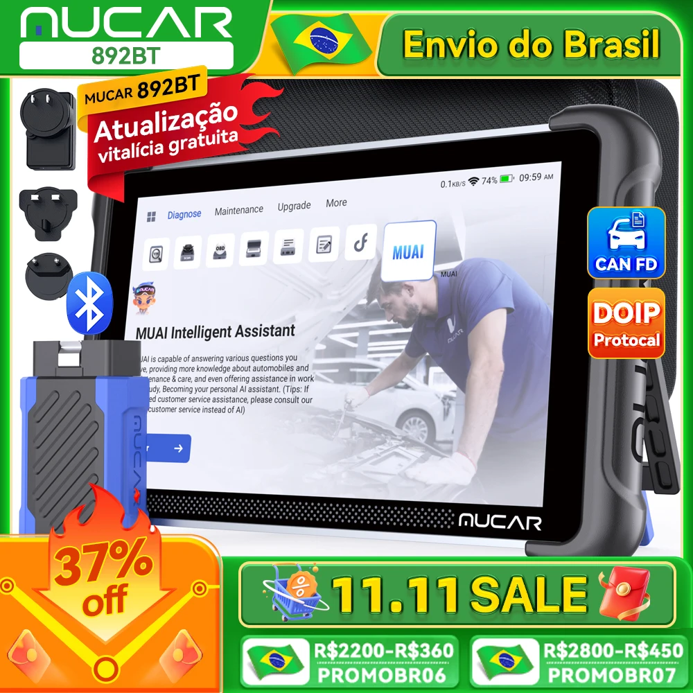 Versão Global MUCAR 892BT Scanner OBD2 com Atualização Gratuita Vitalícia, Ferramenta de Diagnóstico OBD2 CAN FD/DOIP para Todos os Sistemas, 35 Funções de Redefinição e Codificação de ECU