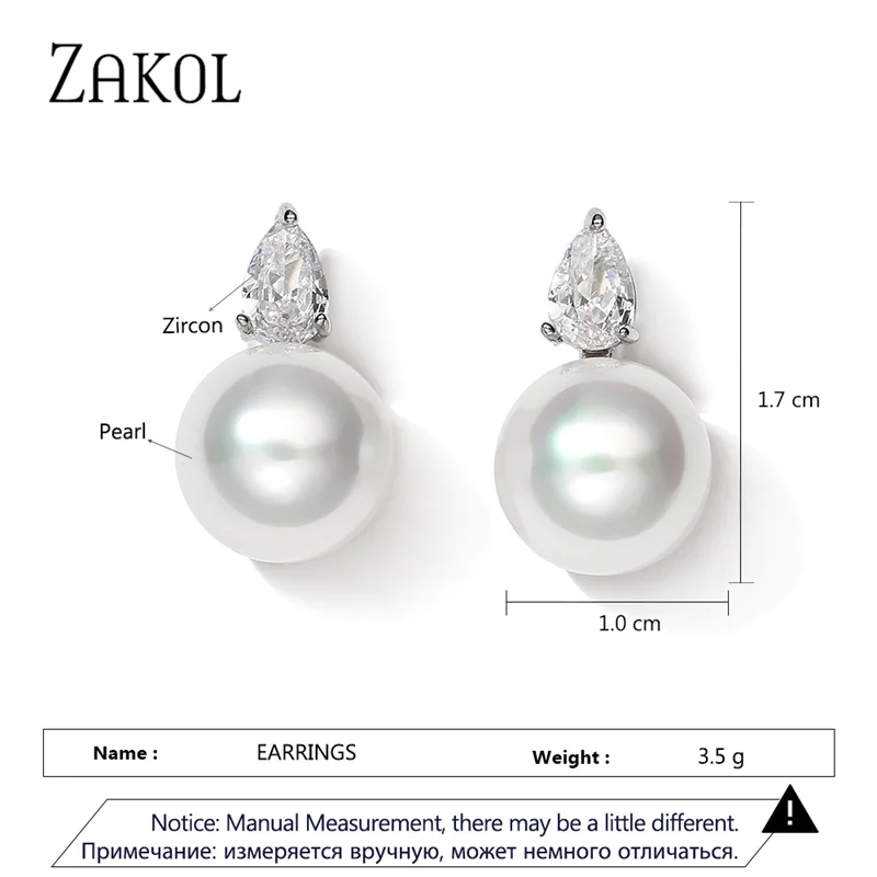 ZAKOL Cute Round Imitation-pearl Stud Earrings for Women Glittering Teardrop Zircon Bridal Earring Fashion Wedding Party Jewelry