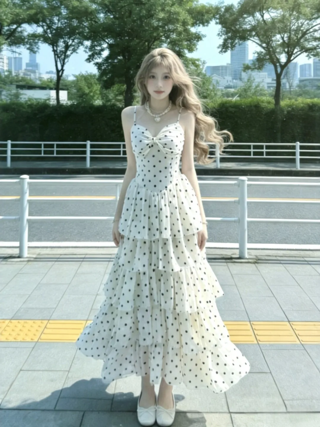 

Gentle Breeze Unique Beautiful Polka Dot Neckline Cake Skirt Dress Absolutely Beautiful Summer Dress for Young Women