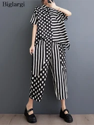 Oversized Striped Polka Dot Print Summer 2 Two Piece Set Women Short Sleeve Fashion Ladies Shirts Tops Loose Casual Woman Pants