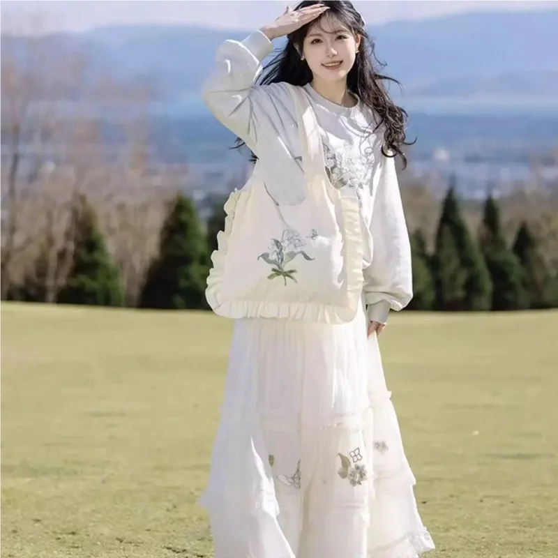 Mori Girl Sweet Embroidery Lace Splicing Skirt Spring New Elastic Waist A-line Skirts Fairy Versatile Y2k Faldas Юбка