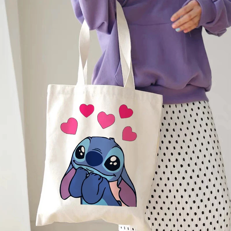 Disney Stitch Tote Bag Canvas Shoulder Bag Eco Hip Hop Lilo and Stitch Shopping Bag Women Tote Harajuku Shopper Bag Female