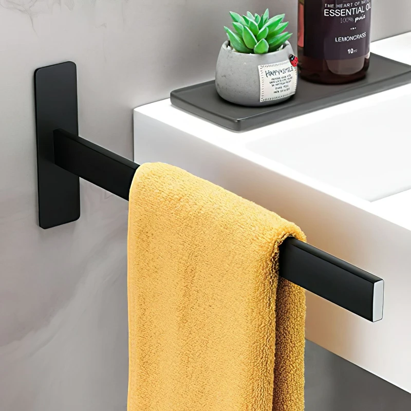 1PC Towel Rack Square Single Lever Towel Rack Self Adhesive Bath Towel Rack Stainless Steel Brushed/Black Bathroom Towel Rack