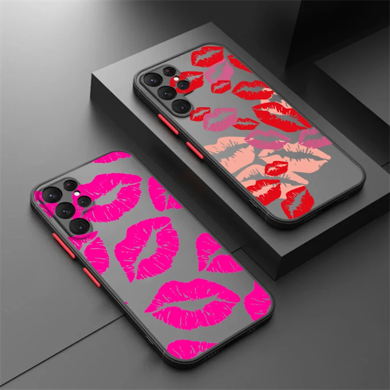 Red Lip Print Kiss Frosted Translucent For Samsung Galaxy S24 S23 S22 S21 S20 FE S10 S9 S8 Plus Ultra Pro 5G Funda Phone Case