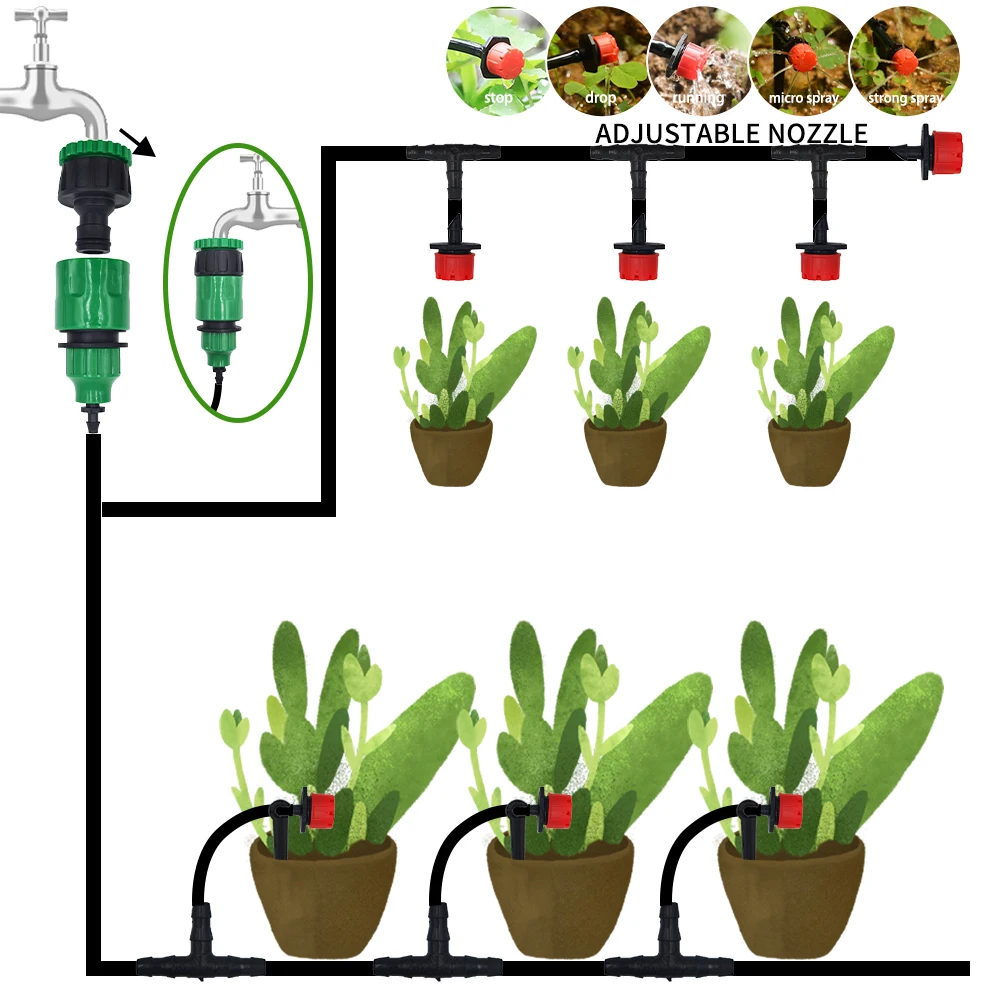 Micro Drip Irrigation System Portable 20M Automatic Watering with Adjustable Drippers Misting Watering Kits Garden Hose