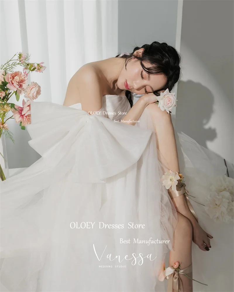 OLOEY Princess Soft Tulle Short Front Long Back Wedding Dresses Korea Photoshoot Bowknot Sleeves Bridal Gowns Corset Back