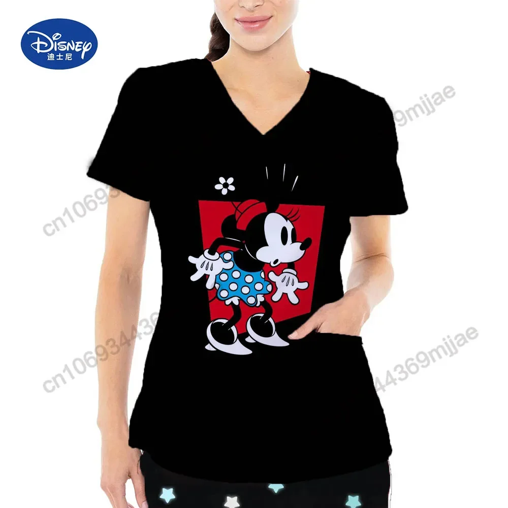 Pocket Nurse Uniform Short Sleeve Summer Women's T-shirt Disney Cartoon Women's V-neck Women's Fashion and Comfortable T-shirt