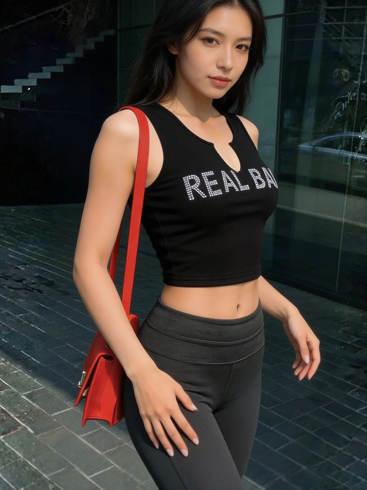 Hot Notch Neck Ribbed Rhinestone Letter Black Crop Tank Top, Cami for Women Streetwear & Casual