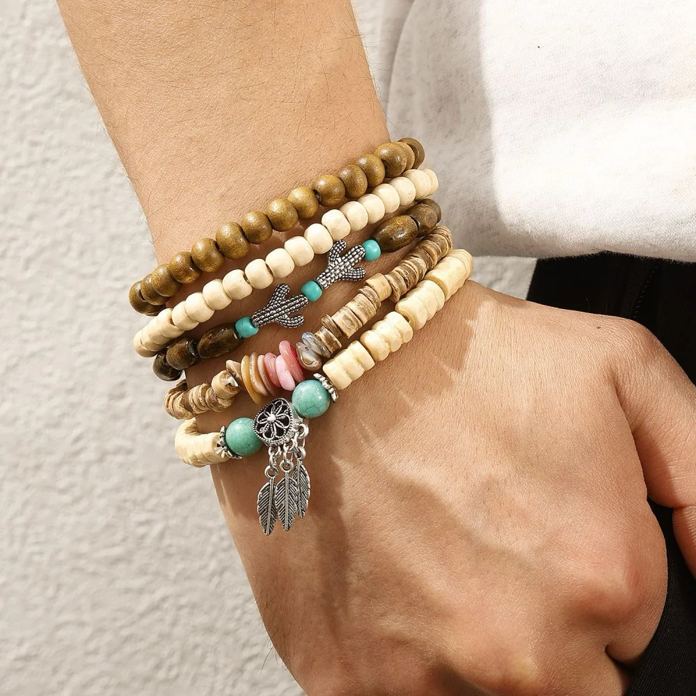 Böhmisches Legierungs-Feder-Kaktus-Armband Retro-Holzperlen Mehrschichtiges Armband für Männer Mode Party Schmuck Accessoires Geschenke – Detail 1
