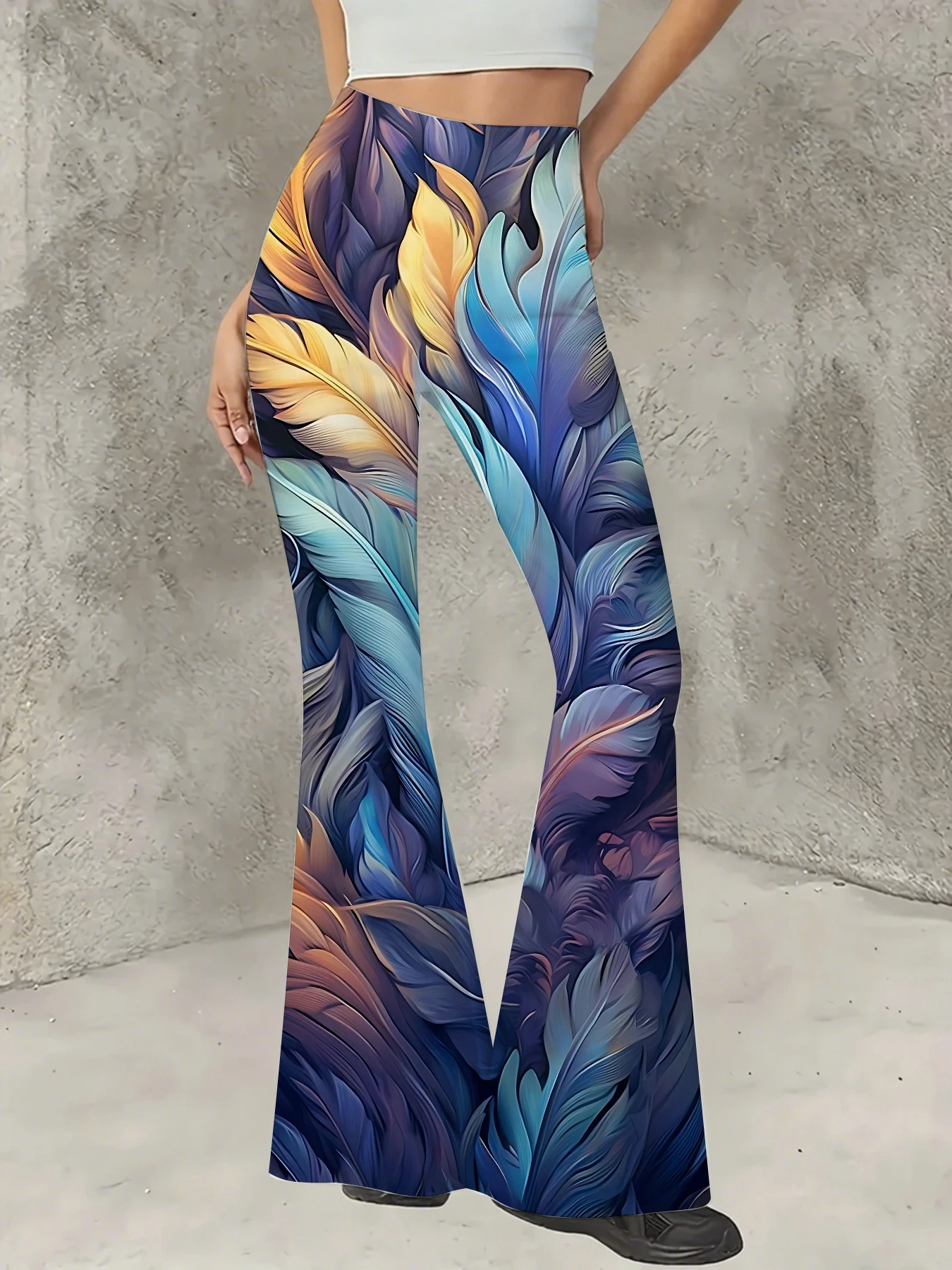 

Retro Printed Flare Pants Women High Waist Polyester Knit Bell Bottom Trousers