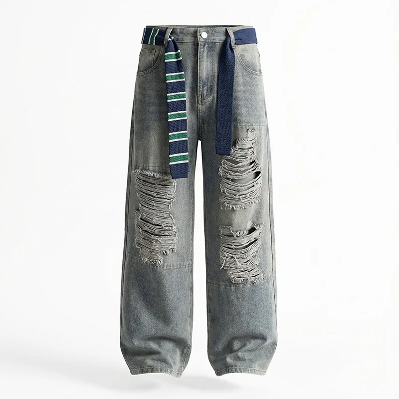 

Мужские широкие джинсы с эффектом потертости и рваными элементами, с полосатым ремнем, в стиле Y2K, уличная мода