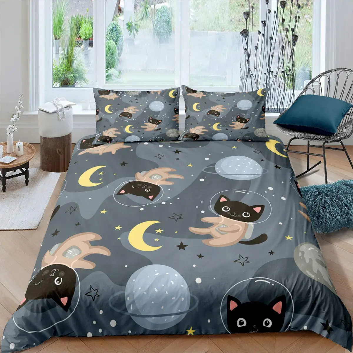 Kids Bedding Decorations, Full Size Astronaut Space Suit Pattern for Boys, Starry Sky Comforter Cover 3 Pcs with 2 Pillow Sham