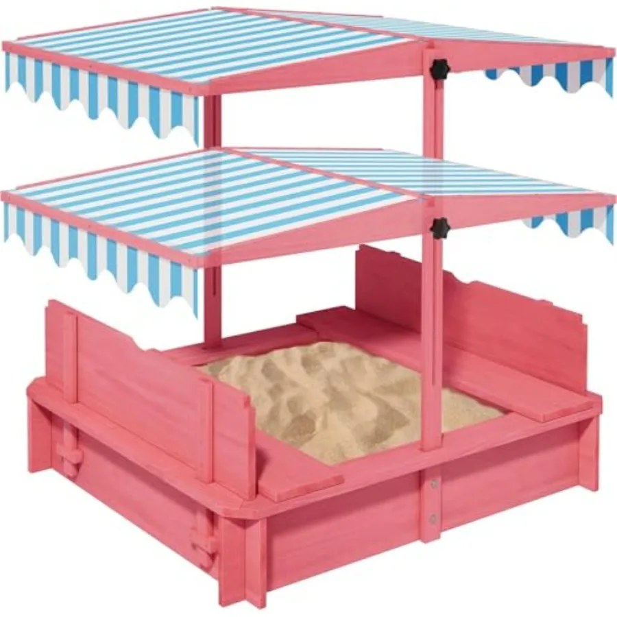 Outdoor wooden kids sandbox with height-adjustable UV-resistant canopy, natural wood color, weatherproof finish, includes lid,