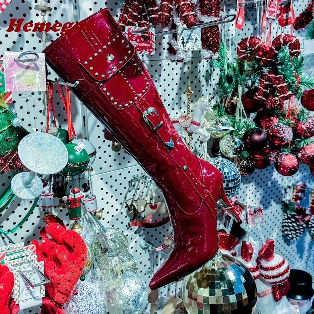 Red Patent Pocket Rivet Knee High Boots Pointy Toe Side Zipper Buckled Women's Boots Stiletto Heels Glossy Runway Shoes 2026