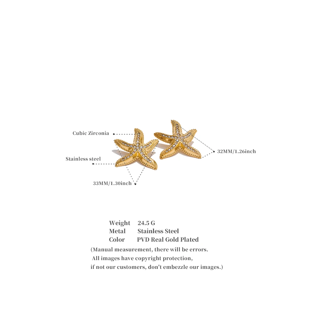 Yhpup Ocean Summer Style Cubic Zirconia Metal Starfish Stud Earrings Stainless Steel Statement Fashion Waterproof Jewelry Gift