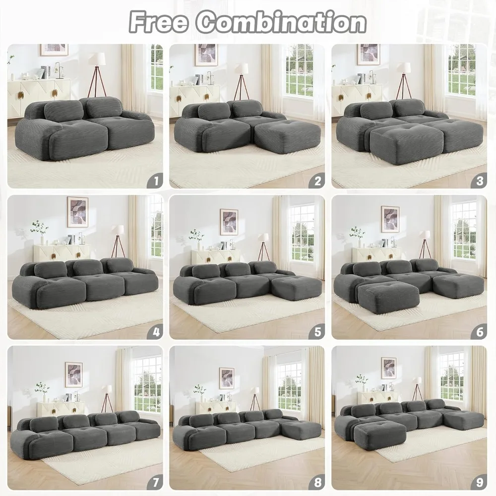 

80" Modern Corduroy Boneless Love Seat Couches with 2 Ottomans, 2 Seater Large Sectional Couches for Living Room