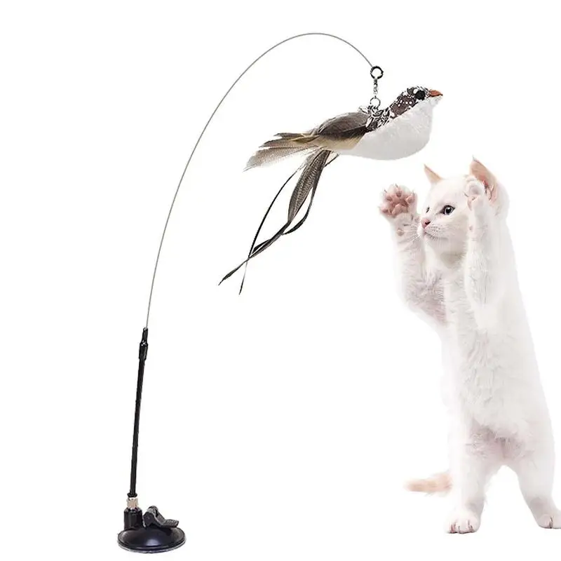 Long Cat Feather Wand Suction Cup Base Interactive Cat Feather Toys Funny Cat Toys For Indoor Cats Cat Teaser Cat String Toy