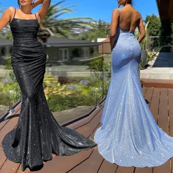 Square Collar Satin Maxi Dress Long Train Mermaid Sleeveless Evening Party Tank Dress Stretch Black Floor Length Gown