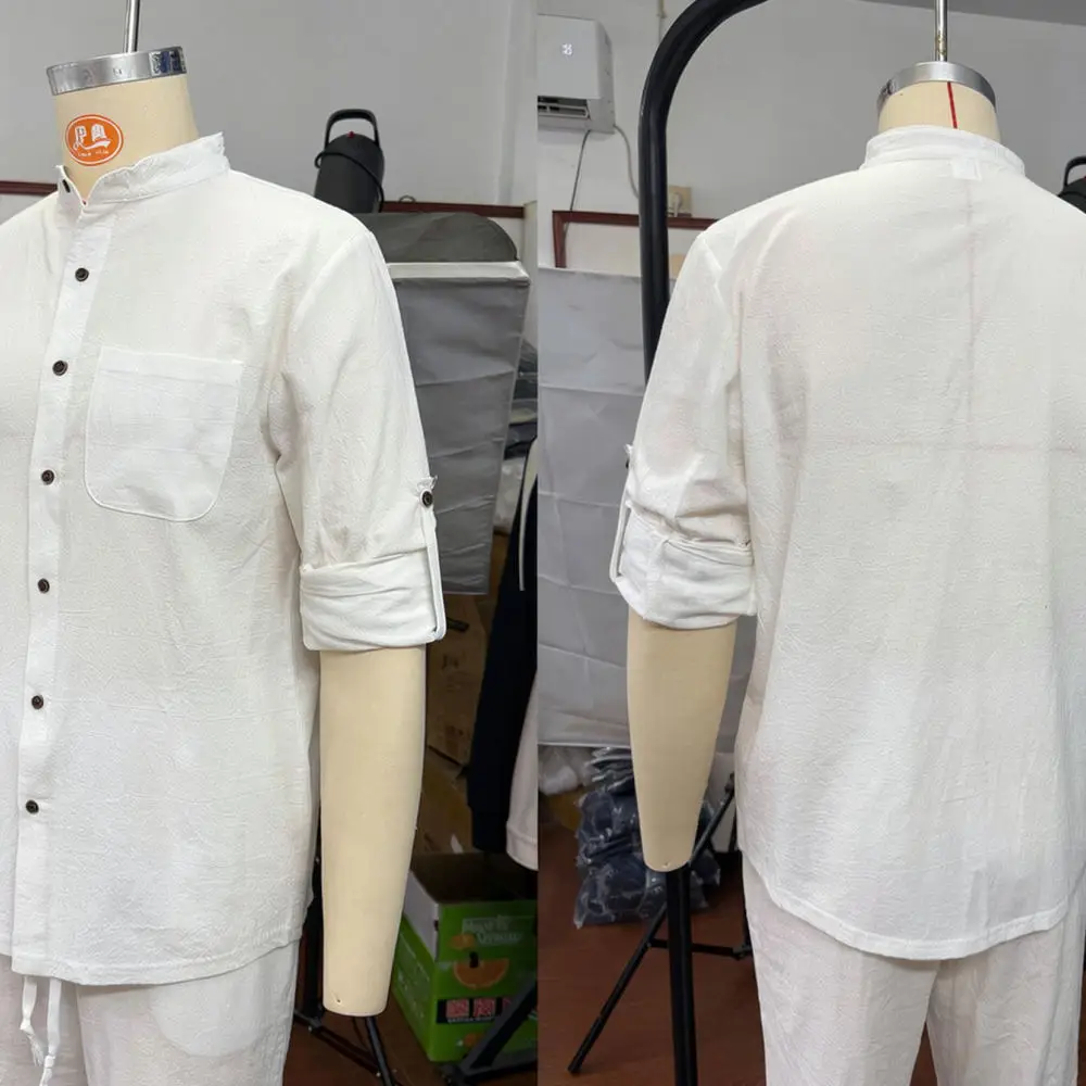 Fashion Mens Linen Henley Shirt Long Sleeve Stand Collar Casual Top Breathable Summer Beach Apparel Loose Fitting