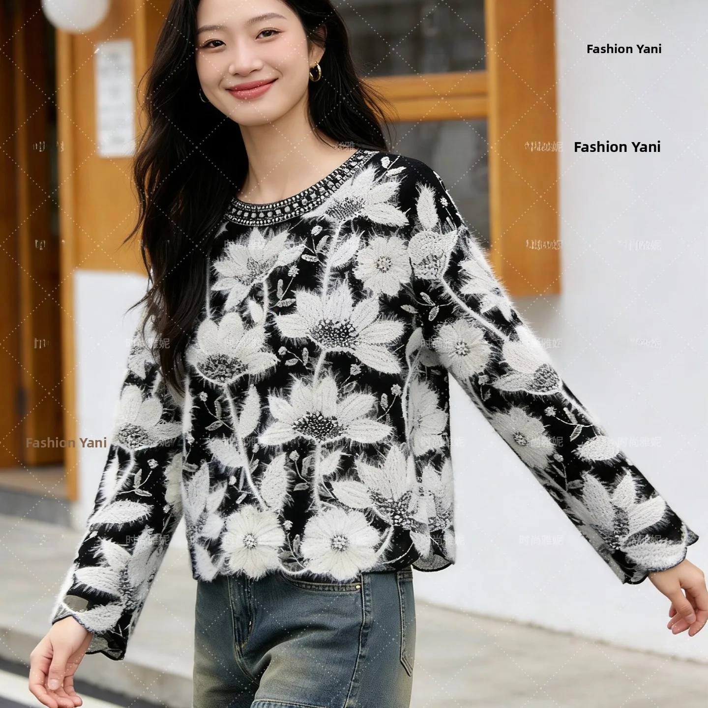 

Faionable Yanie Luxury Sle Long Sve Pearl Embellied round Ne Floral Top Women's Bright Sequin ular Internet irt