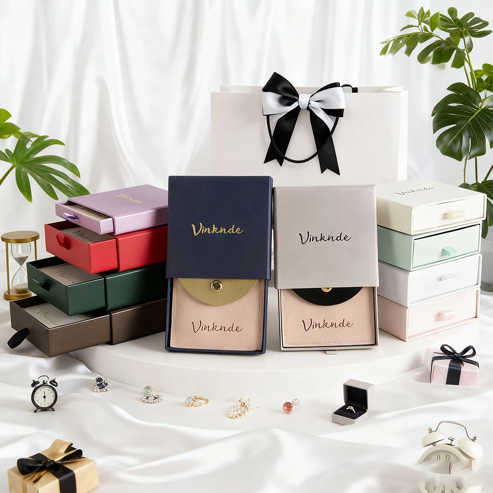 

Custom Logo Gift Jewelry Box Bag Elegant Sliding Drawer Packaging Paper Boxes Earrings Rings Bracelets Necklace Pouch With Snap