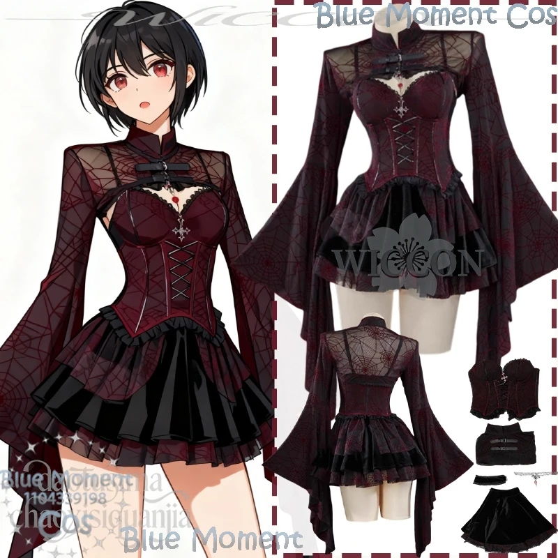 

Original Design Gothic Red Black Velvet Spider Web Pattern Strap Dress Jirai Kei Girls Halloween Christmas Activities Comic Con