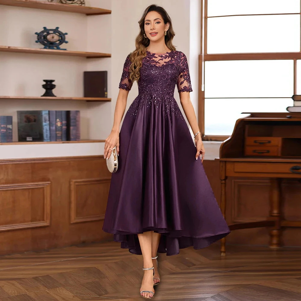 

Elegant Guest Wedding Party Dresses Satin A-line Formal Evening Dress Purple O-Neck Embroidery Backless Class Wedding Mom Dress